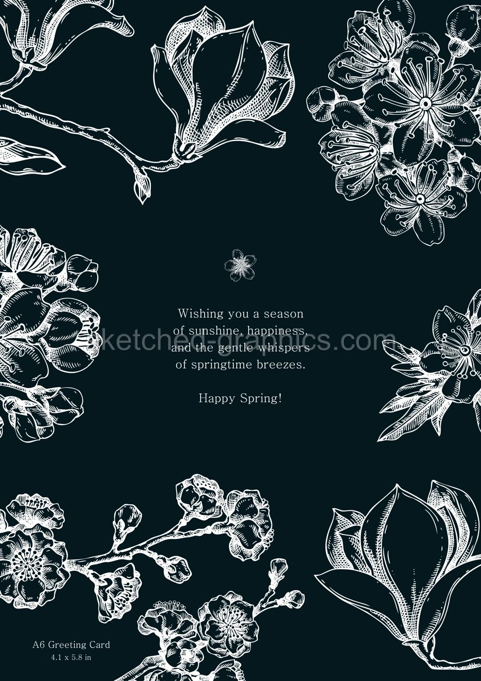 Spring greeting card. Blooming branches chalk drawings. Hand-drawn botanical illustration. Floral invitation design. NOT AI genereted Illustration